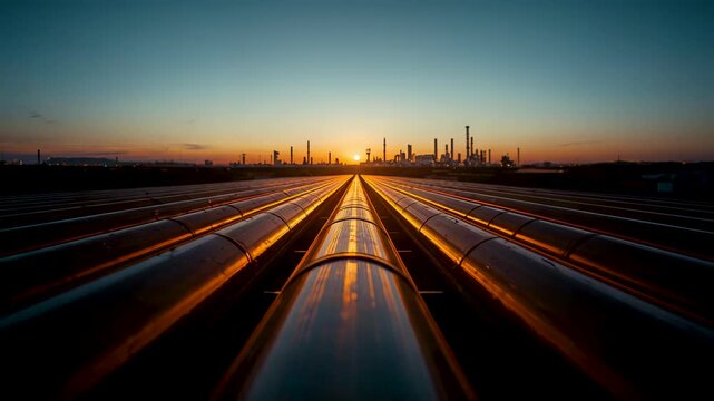 Long parallel metal pipelines stretching toward distant city skyline during warm sunset light