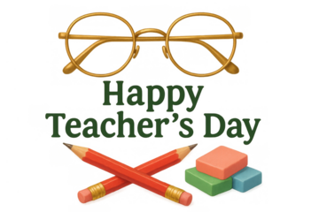 Happy teacher's day greeting with eyeglasses, pencils, and erasers for education and appreciation concept