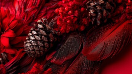 Red feathers, berries, & pine cones create a textured, rich Christmas/Fall scene