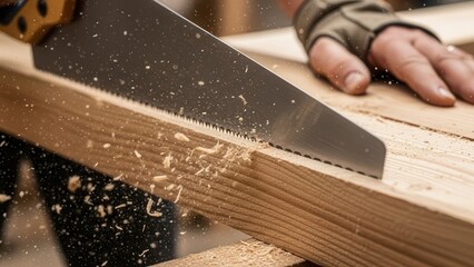 Carpenter cutting wood with hand saw in workshop