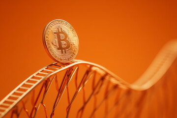 Bitcoin on a rollercoaster track with orange background