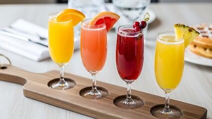 Four Colorful Mimosas on a Wooden Board with Fruit Garnish 