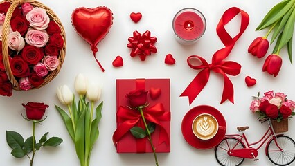 Romantic flat lay for Valentine's Day or anniversary. Features red & pink roses, a gift box, heart balloon, candles, coffee, and a bicycle on white. Perfect for love celebrations.