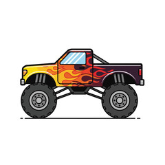 A colorful vector illustration of a monster truck with flame design on the side, featuring large tires and a bold, modern aesthetic against a clean white background.