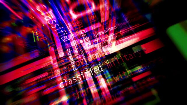 Classified top secret headline news titles across media. Abstract concept displays loop. Flight between screens with glitch effect seamless looped 3d.