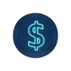 Neon Dollar Sign on Dark Blue Coin, Glowing Neon Effect, Isolated on transparent Background