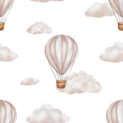 Seamless pattern with hot Air Balloons and Clouds in the sky. Watercolor repeat ornament background for Kids. Cute Print for childish textile design or wallpaper in pastel beige pink colors.