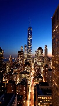 Towering skyscrapers illuminated by warm lights, city skyline at twilight