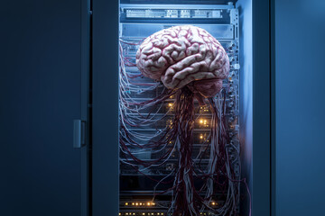 Human brain connected to server room with neural network cables