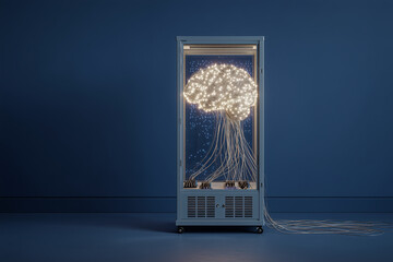 Glowing neural network server with pulsing connections in dark room