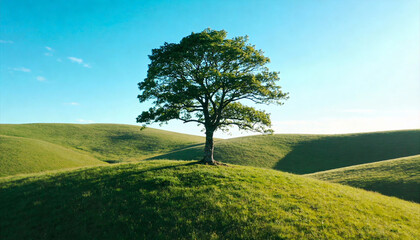 Fototapeta premium Tree-Laden Hillside in Rural Greenscape under Summer Sky - Perfect for Nature, Landscape, Environment, or Rural Scene Photography