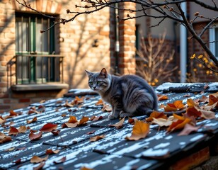 Sunlit Alleyway Scene with Curious Gray Cat and Autumn Leaves
