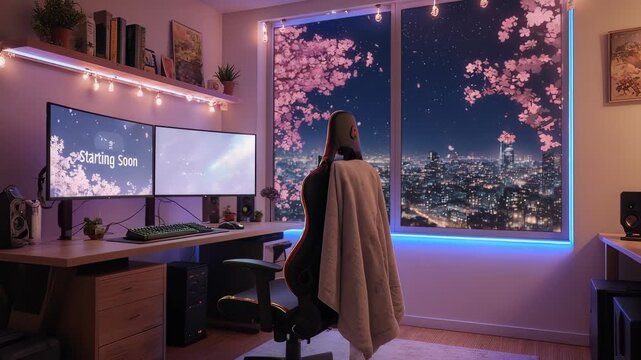 Cozy room with a gaming setup and a view of a city at night