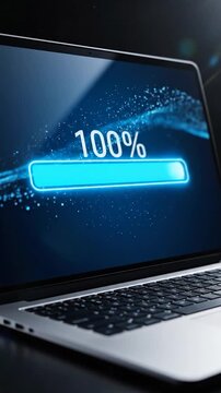 Laptop screen displays a glowing blue progress bar with digital particles