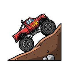 Fototapeta premium A red monster truck vector illustration driving up a brown dirt hill with large tires and a rocky terrain against a white background.