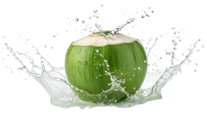Fresh green coconut splash with water isolated on white background
