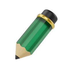 3D Render Green Pencil Icon with Gold Details Isolated on Transparent Background for Writing and Design