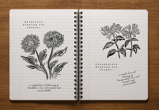 Botanical Sketches In Spira lNotebook Mockup PSD