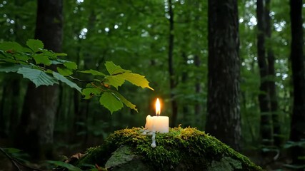 Serene forest scene with a single white candle burning on a moss-covered rock - Powered by Adobe
