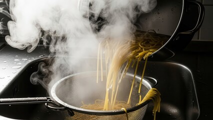 Steam rises from boiling water in a kitchen pan and hot pot as intense heat creates a cooking eruption reminiscent of a Yellowstone geyser