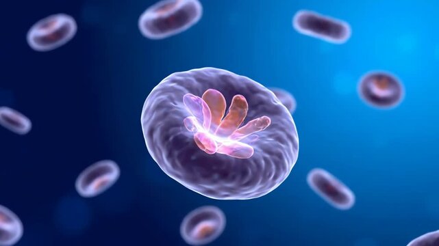 Realistic 3D medical animation showing the Plasmodium parasite developing inside a human red blood cell, visualizing malaria infection.