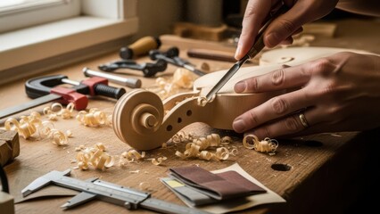 A closeup of a professional carpenter’s hands using craft tools to work on a wooden board at a table in a business studio