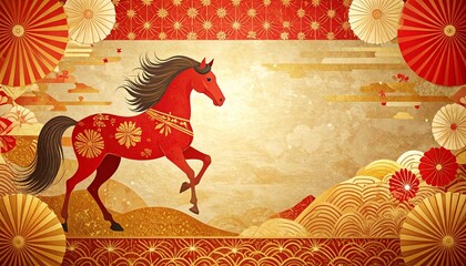 Elegant Japanese New Year illustration for 2026 featuring a red horse adorned with gold patterns, traditional Japanese motifs, parasols, and abstract waves in a festive design style.