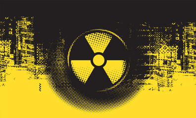 Vector banner on the theme of urbanism, street art, digital technologies. Reminds of a cross or a photo lens on the background of fragments of the urban landscape, pixels. Design of a T-shirt. No ai