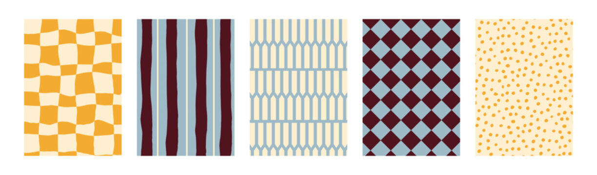 Set of five abstract background posters with checkerboard, striped, lattice, diamond and dotted geometric ornaments. Flat vector design collection