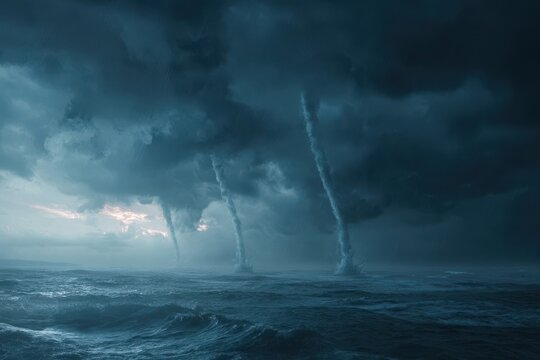 Apocalyptic Seascape - A Swarm of Waterspouts Rages Under a Brooding, Stormy Sky.