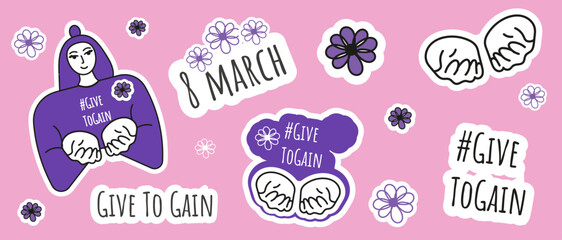 Set of vector stickers: women, flowers, #GIVETOGAIN slogans for International Women's Day on a pink background. Perfect for social media and women's empowerment campaigns.

