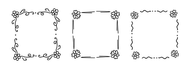 Square doodle frame stamp set, hand-drawn original creative engagement monograms. Edgings cadres with graphic elements, design photo decoration greeting cadres. Isolated. Vector illustration