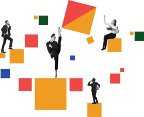 Conceptual artwork with professionals interacting with floating color blocks on transparent background. Concept of collaboration systems, creative problem solving and flexible business structures.