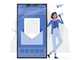 Woman holding megaphone next to large smartphone with email on screen de