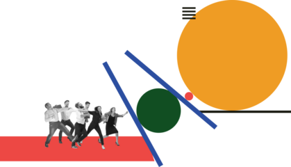 Conceptual artwork of business team interacting on geometric platforms on transparent background. Concept of collaboration and coordinated teamwork in corporate and startup environments.