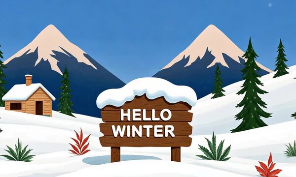 Hello Winter Sign in Snowy Mountain Landscape with Cabin and Pine Trees
