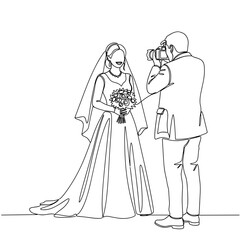 Fototapeta premium Bride smiling for photographer continuous line art elegant bride in long wedding dress posing with bouquet, professional photographer with camera, minimal bridal photo shoot illustration