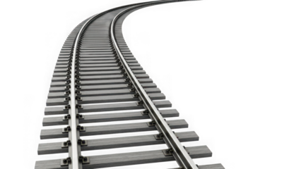 Curving railroad tracks leading into the distance on transparent background