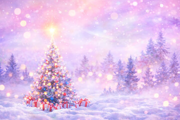 Obraz premium Glowing christmas tree in a snowy forest at night surrounded by gift boxes and soft magical pink and purple bokeh lights for festive celebration