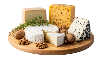 Assorted artisanal cheeses isolated on transparent background