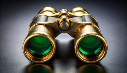 Gold-colored binoculars with green-tinted lenses facing forward on dark surface, luxurious and symmetrical composition.