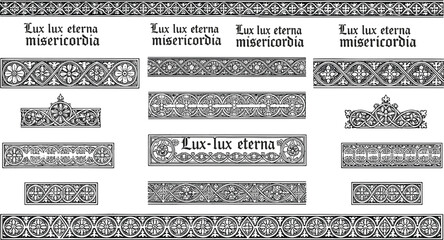 Gothic border illustration, ornate Latin text, medieval decorative panel, floral pattern, religious motif, eternal light, mercy, sacred art, cross symbol © MdMahmudul