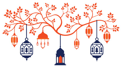 ramadan kareem festive orange and blue lanterns hanging from © Bolja