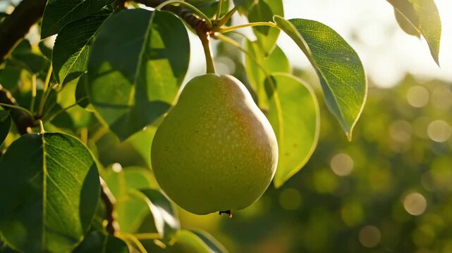 Ripe green pear hanging from a leafy branch in the golden sunlight of a peaceful orchard