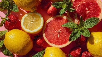 Vibrant citrus fruits, strawberries, and mint leaves on pink background