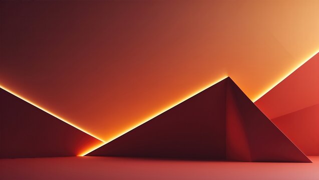 Abstract geometric scene featuring red pyramids against a gradient sunset backdrop
