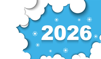 Blue design Happy New Year 2026 in paper cut style, business. Numbers surrounded by clouds 2026. Blue background, festive night flashes. Elements for calendar, greeting card, vector illustration