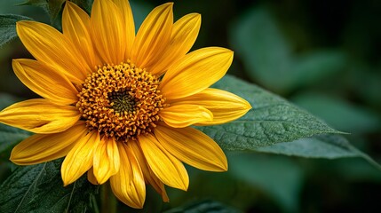 Vibrant Yellow Sunflower with Detailed Center and Green Leaves