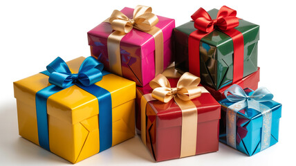 Obraz premium Stack Of Brightly Colored Gift Boxes With Ribbons And Bows On White Background presents