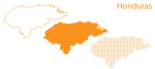 Fototapeta premium Honduras Map Vector Set, Central America Outline Silhouette Dotted Orange Shapes, Honduras Country Infographic Template, Editable EPS Honduras Geography